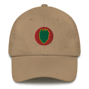A khaki colored 24th Infantry Division Hat with the logo on the front.  The hat has a curved visor and an adjustable strap at the back.