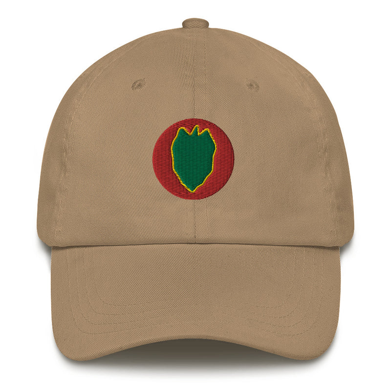 A khaki colored 24th Infantry Division Hat with the logo on the front.  The hat has a curved visor and an adjustable strap at the back.