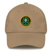 A khaki colored 2nd-cavalry-regiment Hat with the logo on the front.  The hat has a curved visor and an adjustable strap at the back.