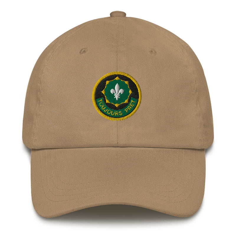 A khaki colored 2nd-cavalry-regiment Hat with the logo on the front.  The hat has a curved visor and an adjustable strap at the back.