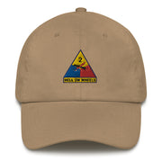 A khaki colored 2nd Armored Division Hat with the logo on the front.  The hat has a curved visor and an adjustable strap at the back.