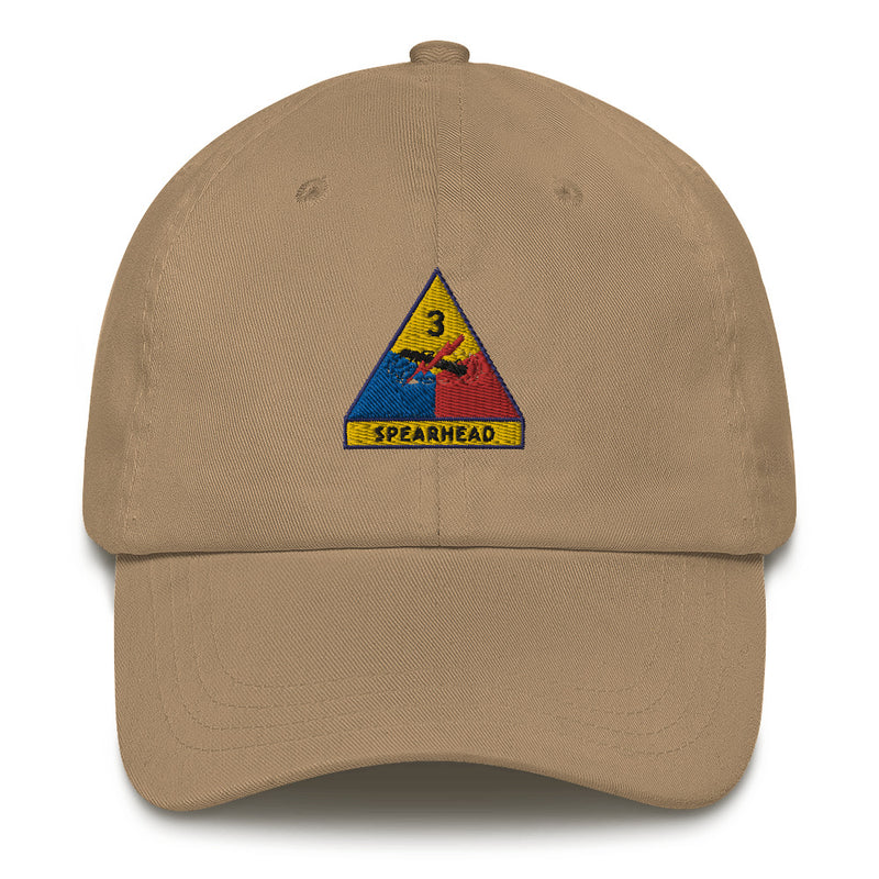 A khaki colored 3rd Armored Division Hat with the logo on the front.  The hat has a curved visor and an adjustable strap at the back.