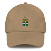 A khaki colored 3rd Cavalry Regiment Hat with the logo on the front.  The hat has a curved visor and an adjustable strap at the back.