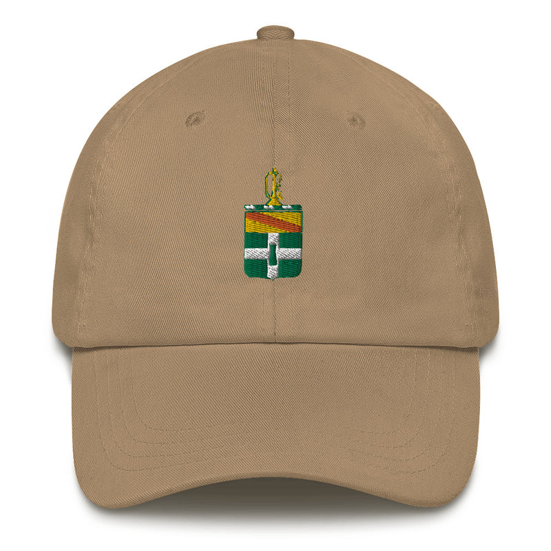 A khaki colored 3rd Cavalry Regiment Hat with the logo on the front.  The hat has a curved visor and an adjustable strap at the back.