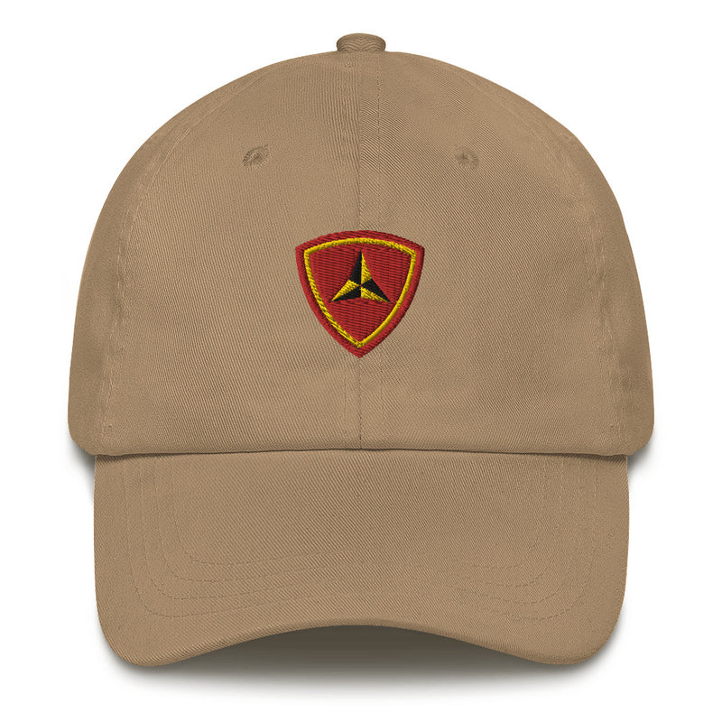 A khaki colored 3rd Marine Division Hat with the logo on the front.  The hat has a curved visor and an adjustable strap at the back.