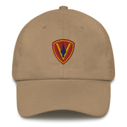 A khaki colored 5th Marine Division Hat with the logo on the front.  The hat has a curved visor and an adjustable strap at the back.