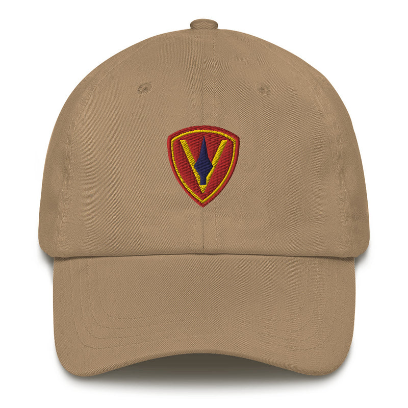 A khaki colored 5th Marine Division Hat with the logo on the front.  The hat has a curved visor and an adjustable strap at the back.
