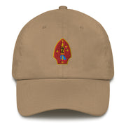 A khaki colored 2nd Marine Division Hat with the logo on the front.  The hat has a curved visor and an adjustable strap at the back.