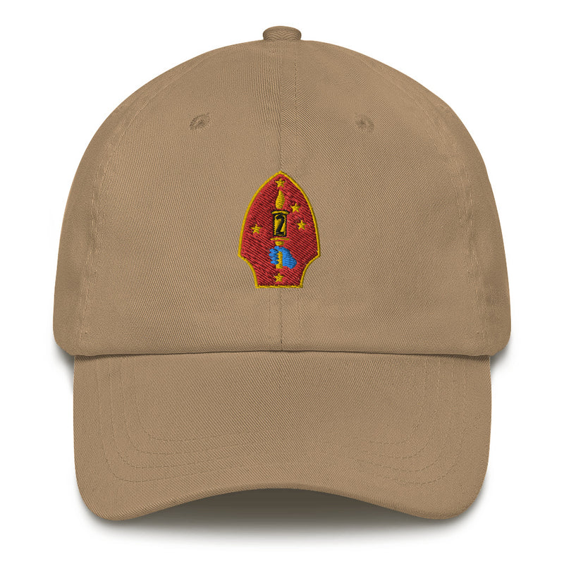 A khaki colored 2nd Marine Division Hat with the logo on the front.  The hat has a curved visor and an adjustable strap at the back.