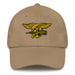 A khaki colored Navy Seals Hat with the logo on the front.  The hat has a curved visor and an adjustable strap at the back.