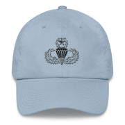A light blue Master Parachutist Hat with the logo on the front.  The hat has a curved visor and an adjustable strap at the back.