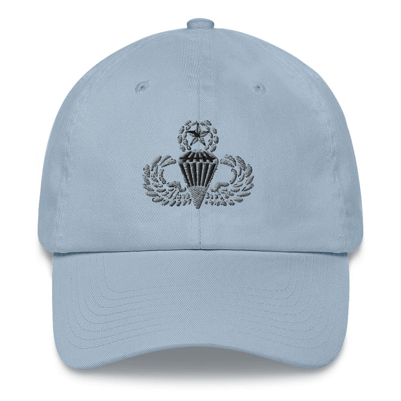 A light blue Master Parachutist Hat with the logo on the front.  The hat has a curved visor and an adjustable strap at the back.