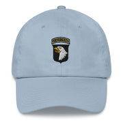 A light blue 101st Airborne Hat with the logo on the front.  The hat has a curved visor and an adjustable strap at the back.