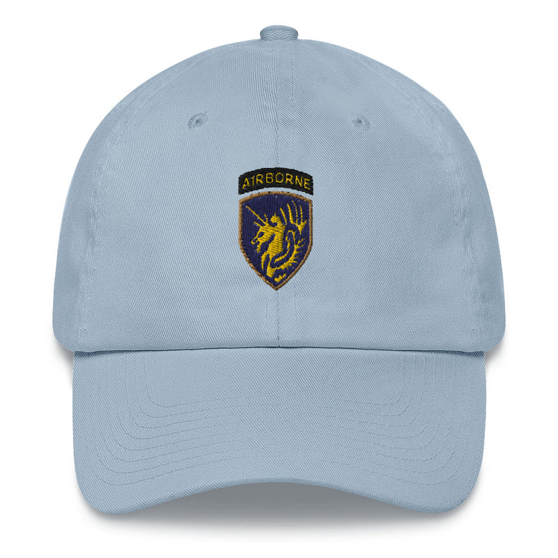 A light blue 13th Airborne Division Hat with the logo on the front.  The hat has a curved visor and an adjustable strap at the back.