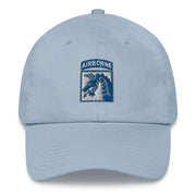 A light blue XVIII Airborne Corps Hat with the logo on the front.  The hat has a curved visor and an adjustable strap at the back.