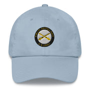 A light blue US Army Field Artillery Hat with the logo on the front.  The hat has a curved visor and an adjustable strap at the back.