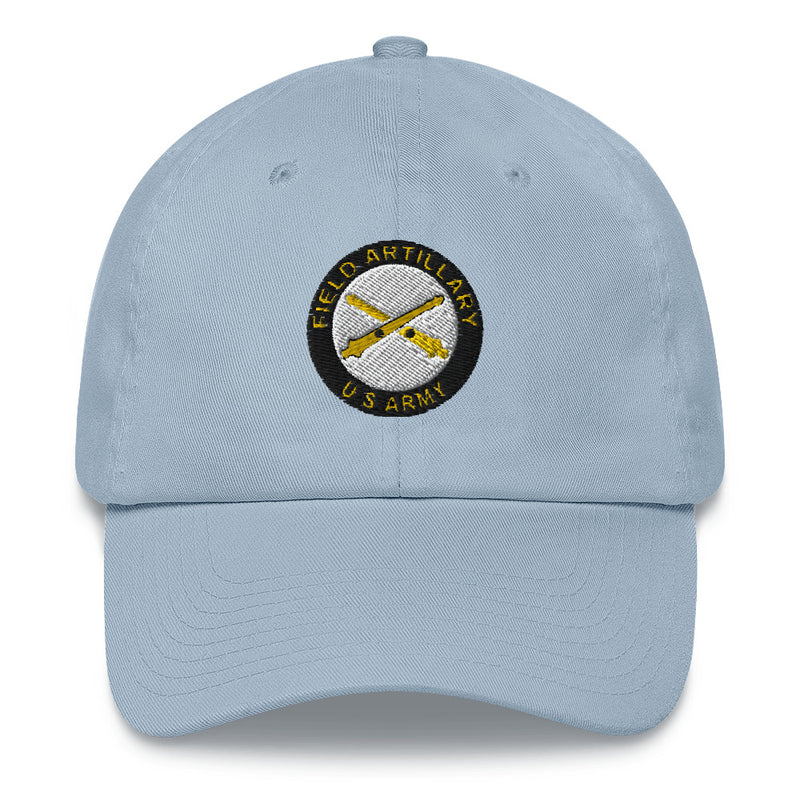 A light blue US Army Field Artillery Hat with the logo on the front.  The hat has a curved visor and an adjustable strap at the back.