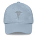 A light blue Hospital Corpsman Hat with the logo on the front.  The hat has a curved visor and an adjustable strap at the back.