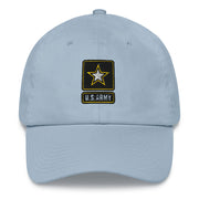 A light blue United States Army Hat with the logo on the front.  The hat has a curved visor and an adjustable strap at the back.