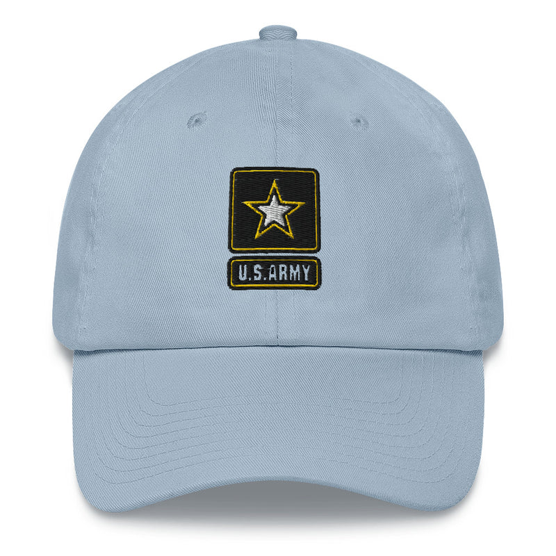 A light blue United States Army Hat with the logo on the front.  The hat has a curved visor and an adjustable strap at the back.