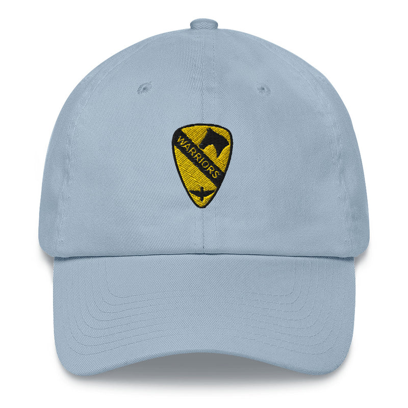 A light blue 1st Air Cavalry Brigade Hat with the logo on the front.  The hat has a curved visor and an adjustable strap at the back.