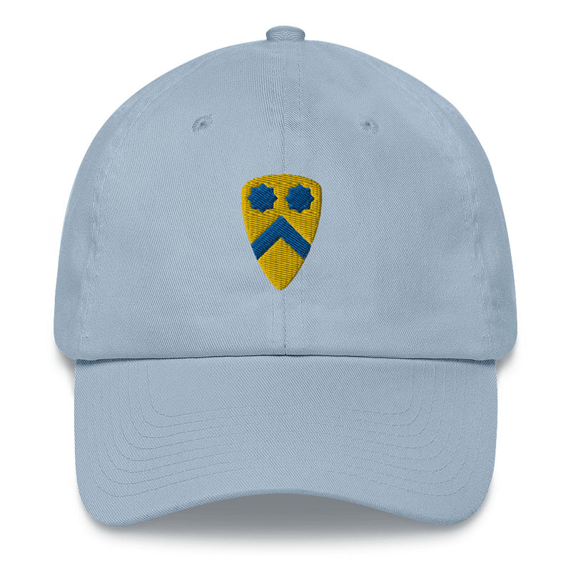 A light blue 2nd Cavalry Division Hat with the logo on the front.  The hat has a curved visor and an adjustable strap at the back.