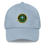 A light blue 2nd-cavalry-regiment Hat with the logo on the front.  The hat has a curved visor and an adjustable strap at the back.
