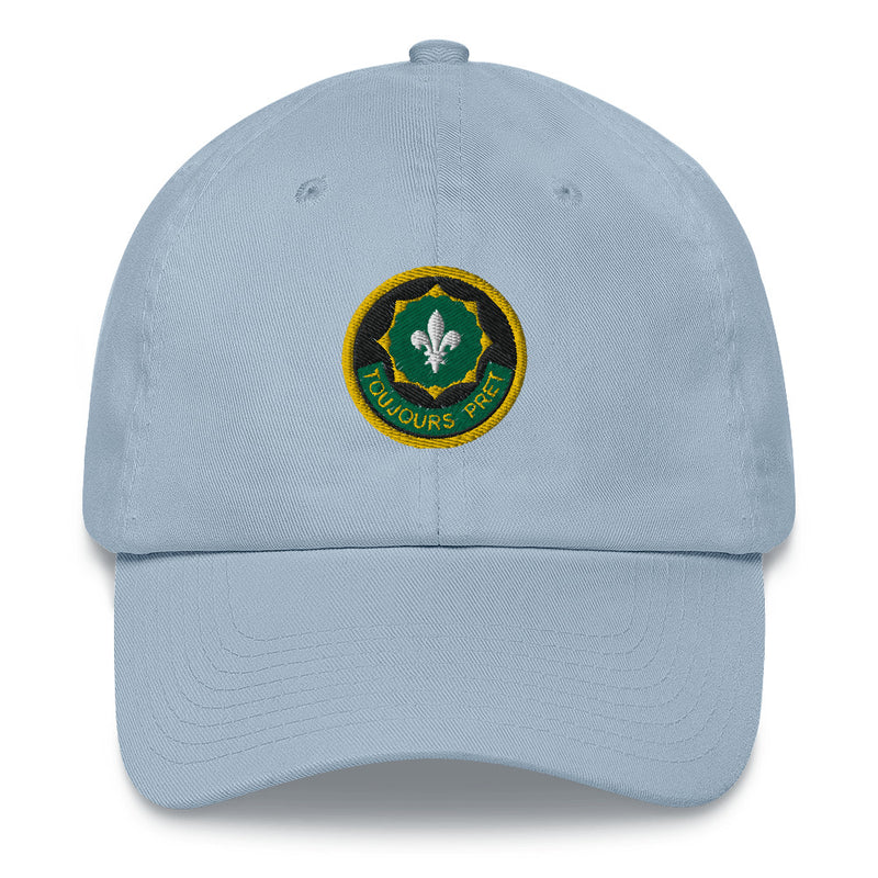 A light blue 2nd-cavalry-regiment Hat with the logo on the front.  The hat has a curved visor and an adjustable strap at the back.
