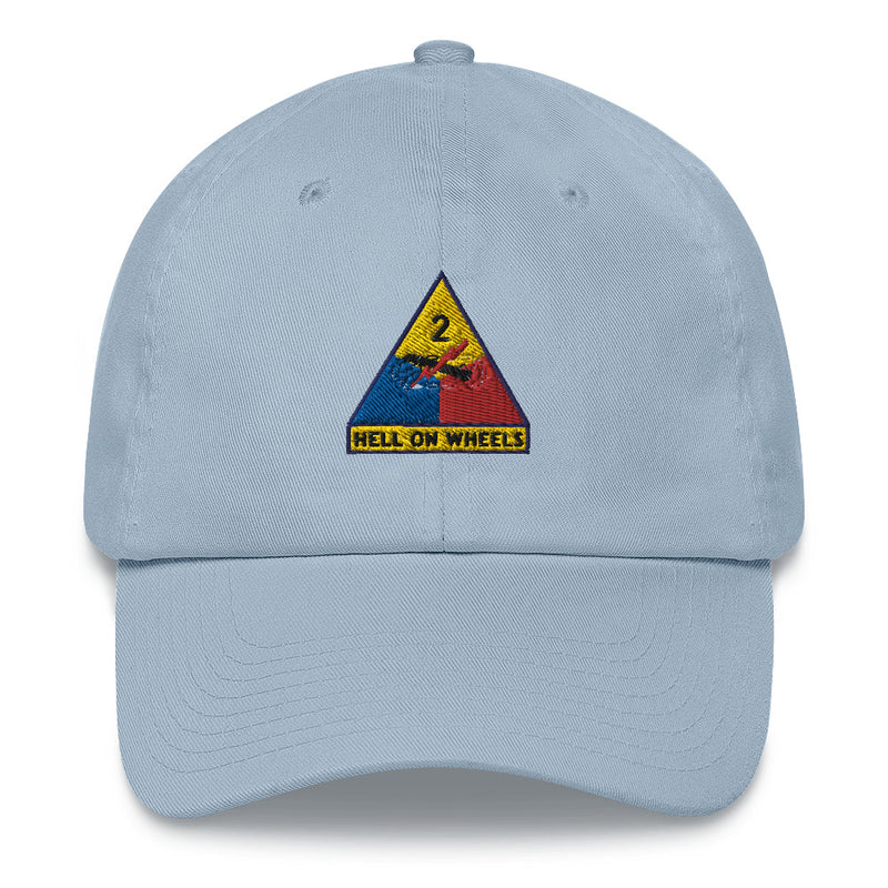 A light blue 2nd Armored Division Hat with the logo on the front.  The hat has a curved visor and an adjustable strap at the back.