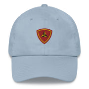 A light blue 3rd Marine Division Hat with the logo on the front.  The hat has a curved visor and an adjustable strap at the back.