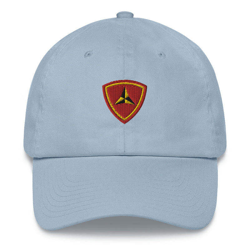 A light blue 3rd Marine Division Hat with the logo on the front.  The hat has a curved visor and an adjustable strap at the back.