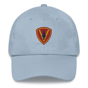 A light blue 5th Marine Division Hat with the logo on the front.  The hat has a curved visor and an adjustable strap at the back.