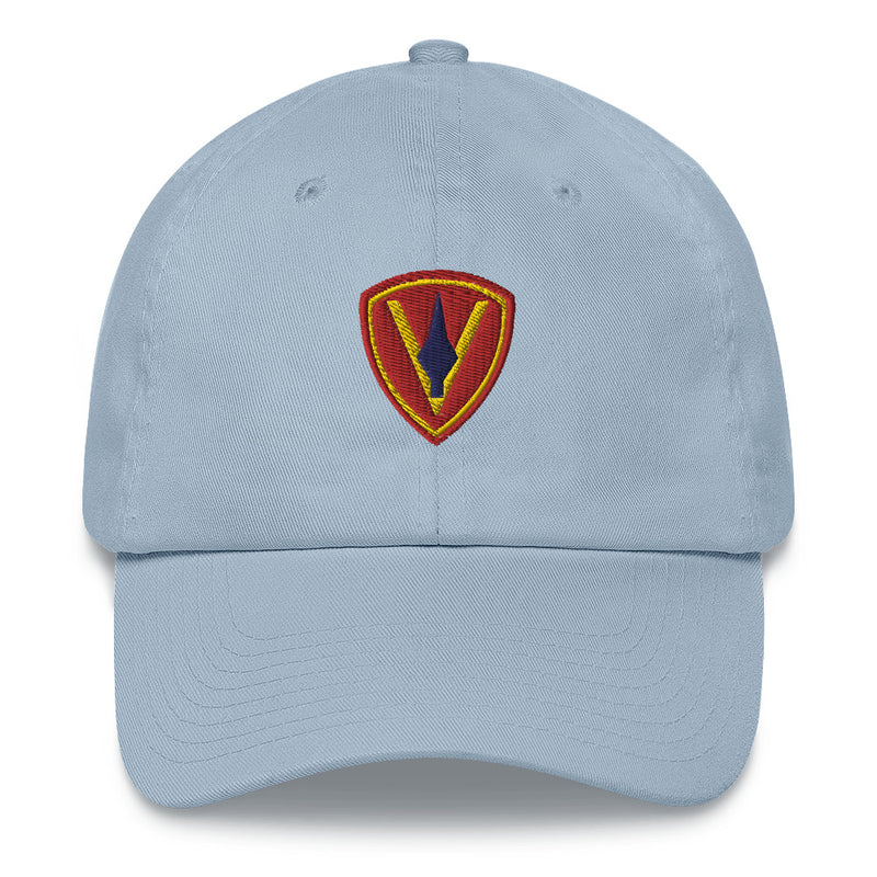 A light blue 5th Marine Division Hat with the logo on the front.  The hat has a curved visor and an adjustable strap at the back.