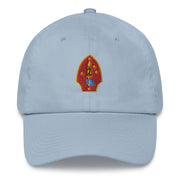 A light blue 2nd Marine Division Hat with the logo on the front.  The hat has a curved visor and an adjustable strap at the back.
