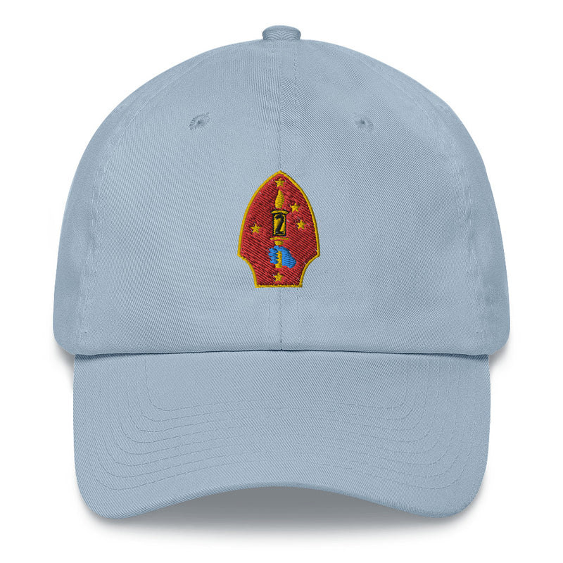 A light blue 2nd Marine Division Hat with the logo on the front.  The hat has a curved visor and an adjustable strap at the back.
