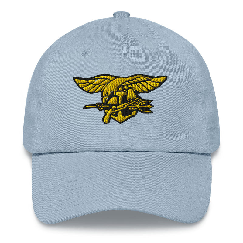 A light blue Navy Seals Hat with the logo on the front.  The hat has a curved visor and an adjustable strap at the back.