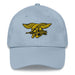 A light blue Navy Seals Hat with the logo on the front.  The hat has a curved visor and an adjustable strap at the back.