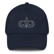 A navy blue Senior Parachutist Division Hat with the logo on the front.  The hat has a curved visor and an adjustable strap at the back.