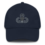 A navy blue Master Parachutist Hat with the logo on the front.  The hat has a curved visor and an adjustable strap at the back.