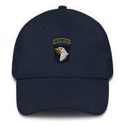 A navy blue 101st Airborne Hat with the logo on the front.  The hat has a curved visor and an adjustable strap at the back.