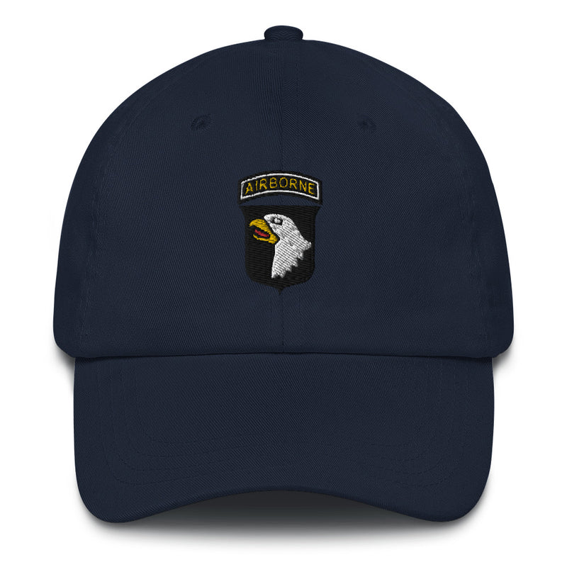 A navy blue 101st Airborne Hat with the logo on the front.  The hat has a curved visor and an adjustable strap at the back.