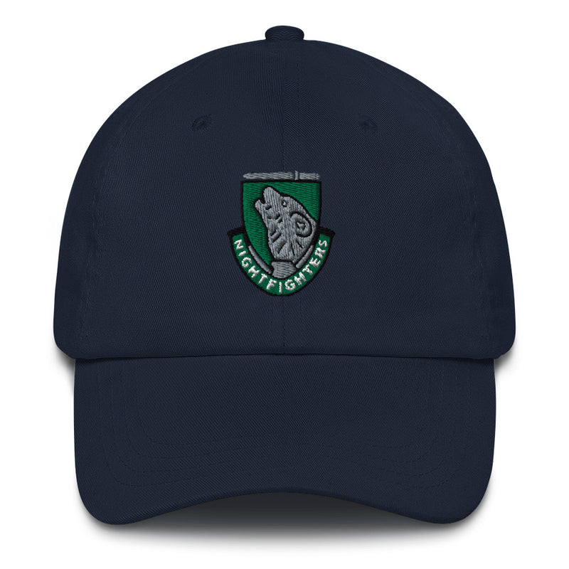 A navy blue 104th Infantry Division Hat with the logo on the front.  The hat has a curved visor and an adjustable strap at the back.