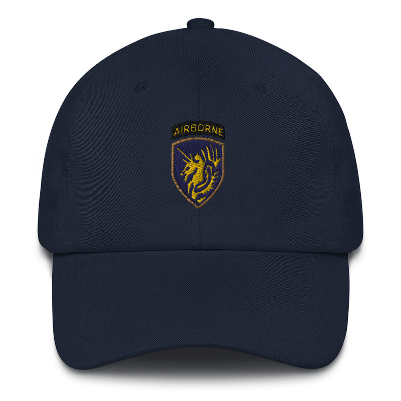 A navy blue 13th Airborne Division Hat with the logo on the front.  The hat has a curved visor and an adjustable strap at the back.