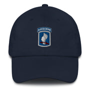 A navy blue 173rd Airborne Brigade Hat with the logo on the front.  The hat has a curved visor and an adjustable strap at the back.