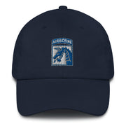 A navy blue XVIII Airborne Corps Hat with the logo on the front.  The hat has a curved visor and an adjustable strap at the back.