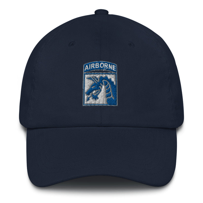 A navy blue XVIII Airborne Corps Hat with the logo on the front.  The hat has a curved visor and an adjustable strap at the back.