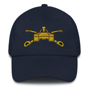A navy blue Army Armor Hat with the logo on the front.  The hat has a curved visor and an adjustable strap at the back.