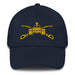 A navy blue Army Armor Hat with the logo on the front.  The hat has a curved visor and an adjustable strap at the back.