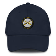 A navy blue US Army Field Artillery Hat with the logo on the front.  The hat has a curved visor and an adjustable strap at the back.