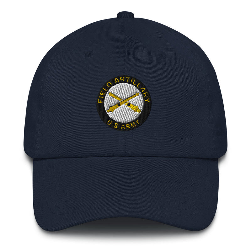A navy blue US Army Field Artillery Hat with the logo on the front.  The hat has a curved visor and an adjustable strap at the back.